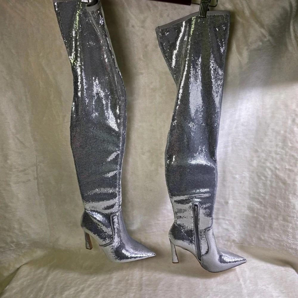Steve Madden Thigh High Boots Silver Sequin Stretch Pointed Toe Womens 8 NEW